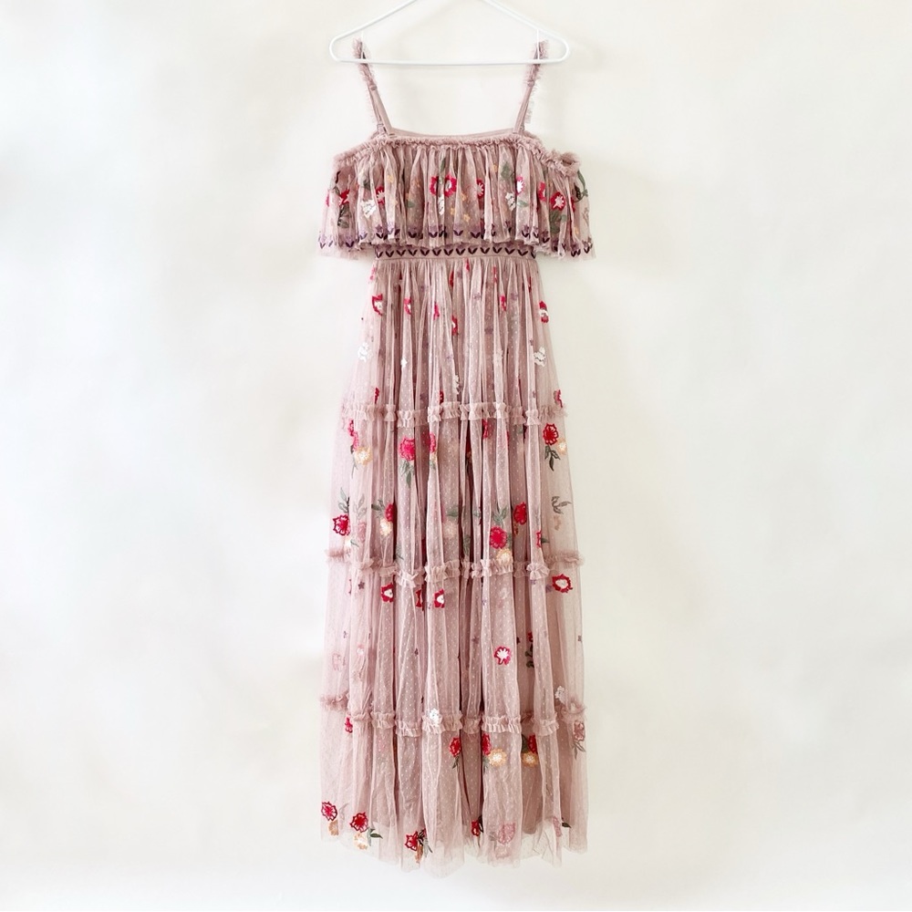 NWT Maya Deluxe Floral Embroidered Off Shoulder Ruffle Maxi Gown Dress Pink 2 - Picture 5 of 15